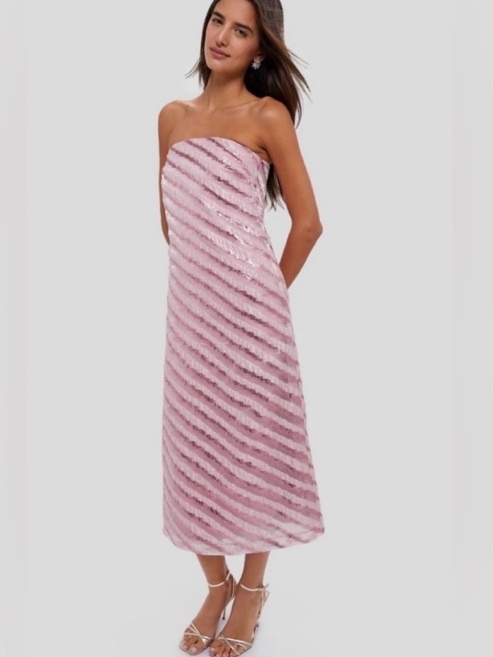 Hyacinth House Tuckernuck Mila Strapless Shimmer Striped Pink Midi Dress